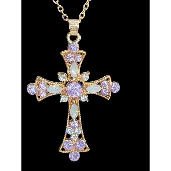 Sparkling Purple Rhinestone & Faux Opal Cross Pendant Necklace 19" Gold Plated - Picture 2 of 16